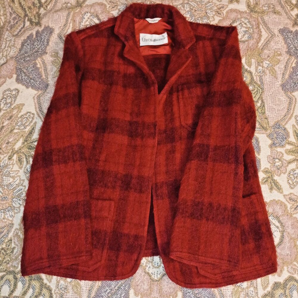 Vtg Liz Claiborne Mohair Wool Plaid Blazer Jacket Open Front Red Shag Size 4